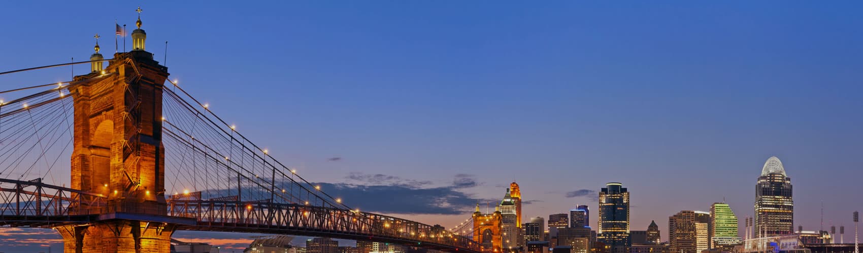 Cincinnati, Ohio skyline and riverfront bridge at dusk — 1st Inspection Services Cincinnati, OH office