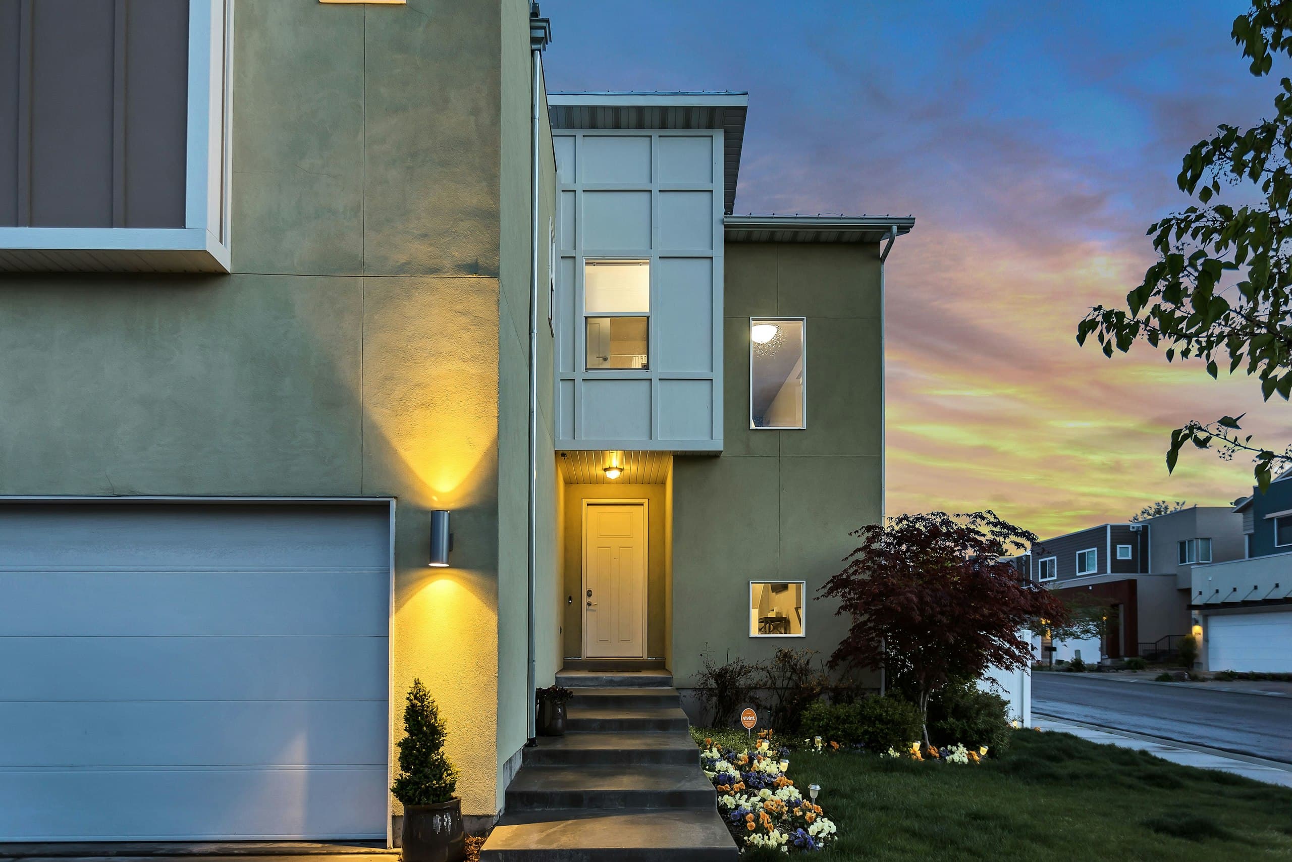 Contemporary home exterior at dusk