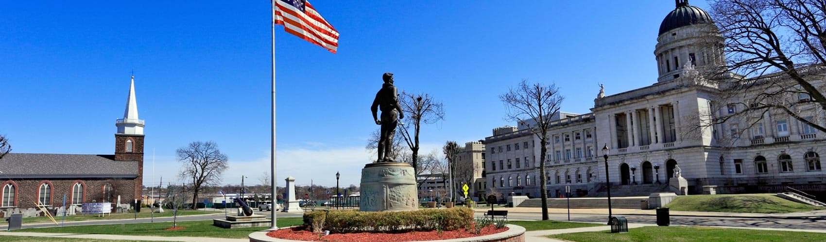 New Jersey waterfront park with an American flag